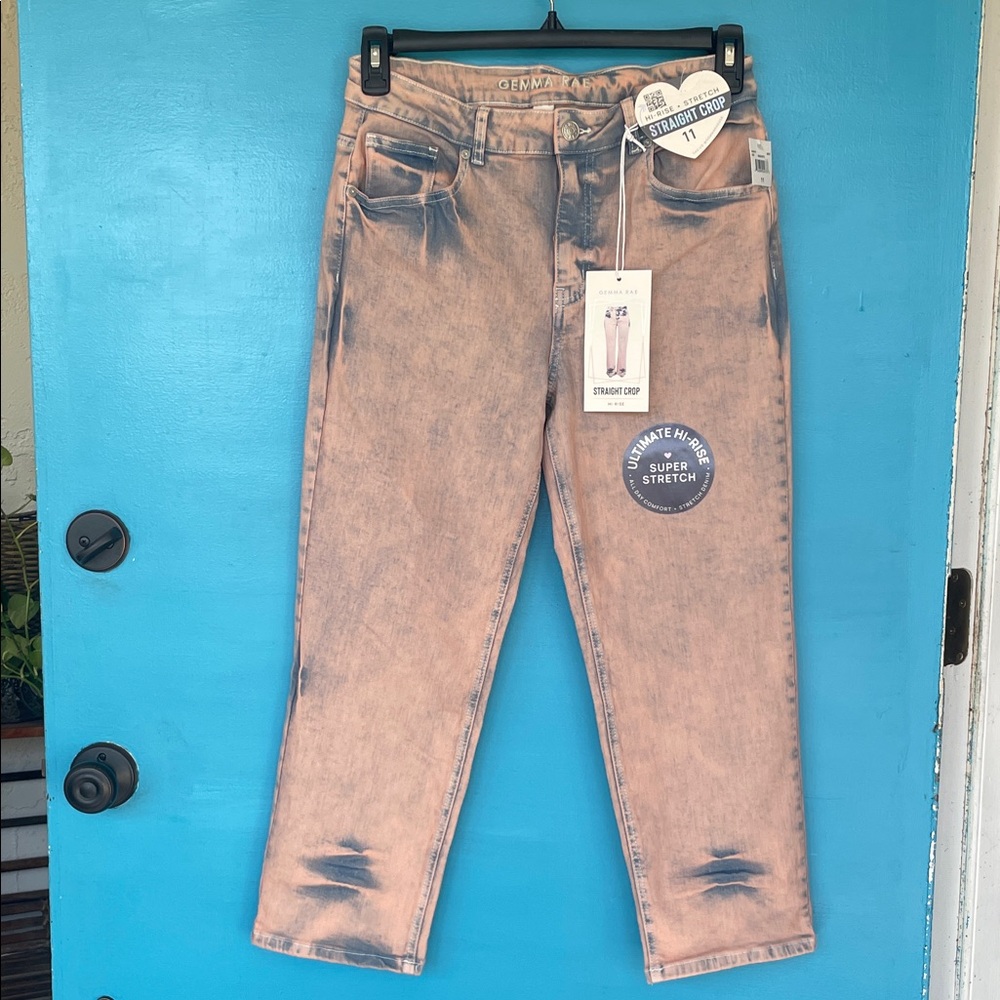 Gemma Rae Hi-Rise Straight Leg Stretch Pink Blue Whiskered Girls SZ 11